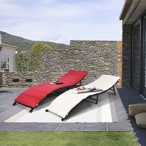 Gymax Set of 2 Folding Wicker Chaise Portable Lounge Chair w/ Double Sided Cushion