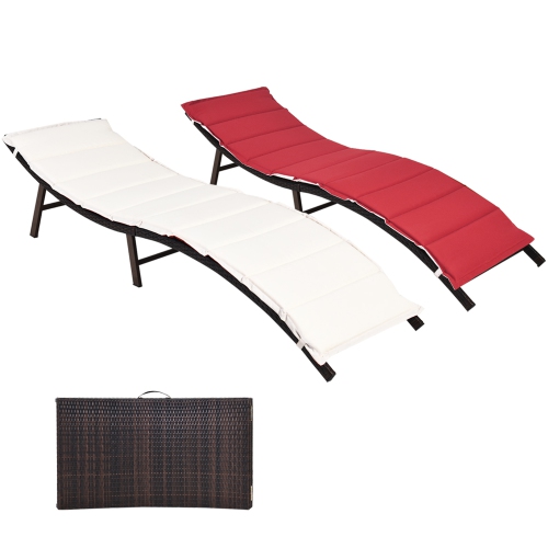 Gymax Set of 2 Folding Wicker Chaise Portable Lounge Chair w/ Double Sided Cushion