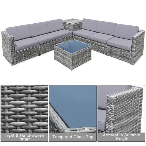 Gymax 8pcs Gray Rattan Wicker Set Cushioned Sectional Sofa Patio Home