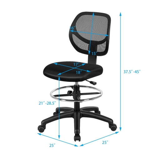 Gymax Mesh Drafting Chair Mid Back Office Chair Adjustable Height w/Footrest Armless