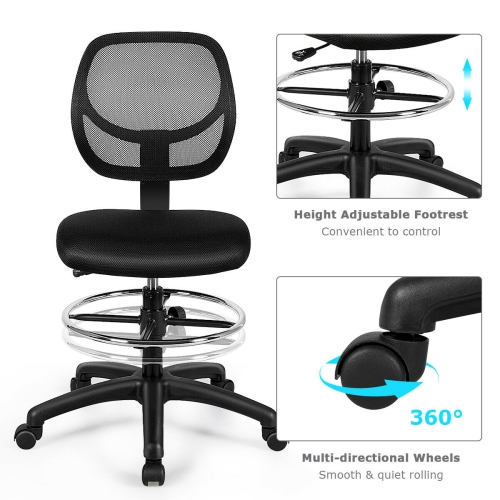 Gymax Mesh Drafting Chair Mid Back Office Chair Adjustable Height w/Footrest Armless
