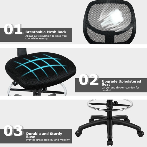 Gymax Mesh Drafting Chair Mid Back Office Chair Adjustable Height w/Footrest Armless