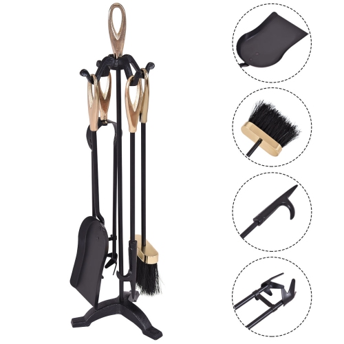 GYMAX  5 PCs Hearth Tool Fireplace Set Fire Tools Set Brass Home In Black