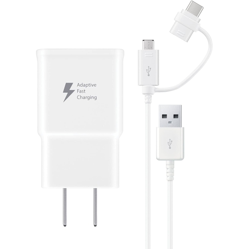 Fast Adaptive Wall Charger Adapter + 2 in 1 Micro USB & Type C Cable for Samsung Galaxy S4 S6 S7 S8 S9 S10 Note 8 9 10, White