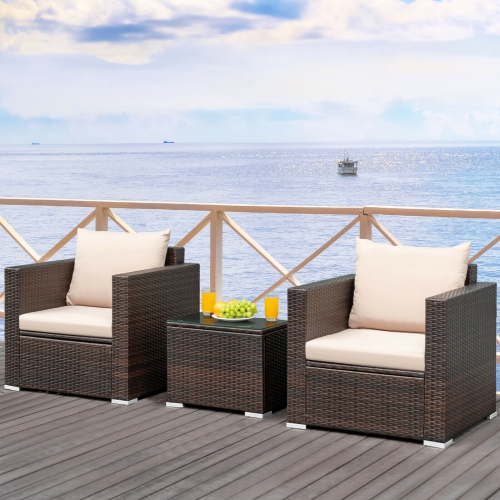 COSTWAY  Modern 3-Piece Patio Garden Conversation Set Rattan Cushioned Sofa Chair Table