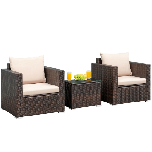 Costway 3PCS Patio Rattan Furniture Set Conversation Sofa Cushioned Blanc