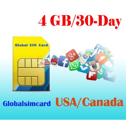 Carte SIM prépayée pour itinérance É.-U./Canada 30 jours données illimitées  (4 Go à 4G LTE haute vitesse, 128 kb/s par la suite)