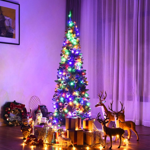 Costway 4.5ft6.5ft7.5ft Pre-Lit Hinged Artificial Pencil Christmas Tree with 150250350 Multicolor Lights