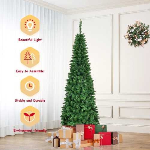 Costway 4.5ft6.5ft7.5ft Pre-Lit Hinged Artificial Pencil Christmas Tree with 150250350 Multicolor Lights