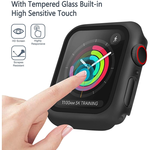 Full Protective Rugged Case Cover & Tempered Glass Screen Protector for Apple Watch iWatch Series 1 2 3 4 5 6, 44mm, Black