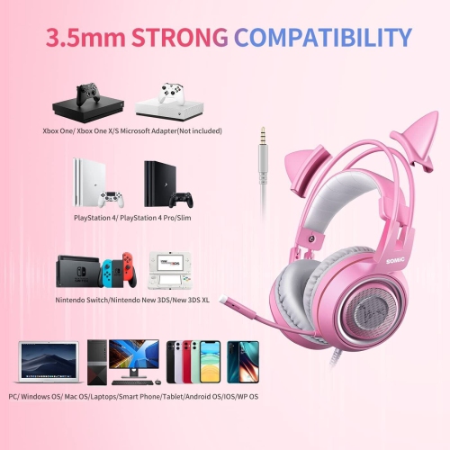 Pink Stereo Gaming Headset with Mic for PS4,Xbox,PC,Mobile Phone,3.5mm Noise Reduction Cat Ear Headphones Lightweight Over Ear Headphones