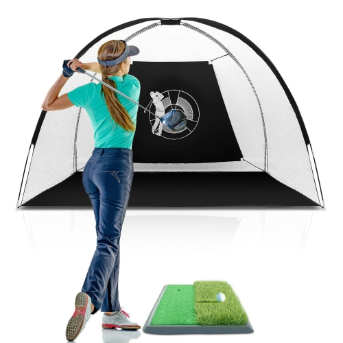 Gymax Portable 10' Golf Practice Set Golf Hitting Net Cage w Target Bag Ball Grass Mat