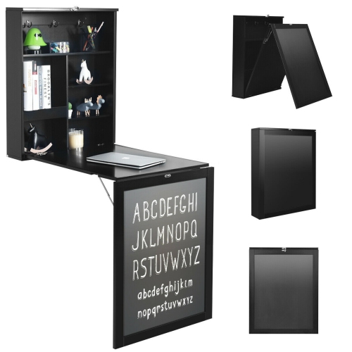 Gymax White/Black/Brown Wall Mounted Table Fold Out Desk with A Blackboard/Chalkboard