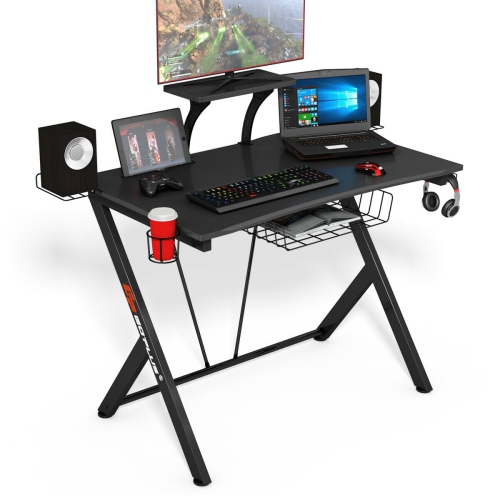 Gymax Gaming Desk Computer Desk PC Table Workstation with Headphone Hook & Cup Holder