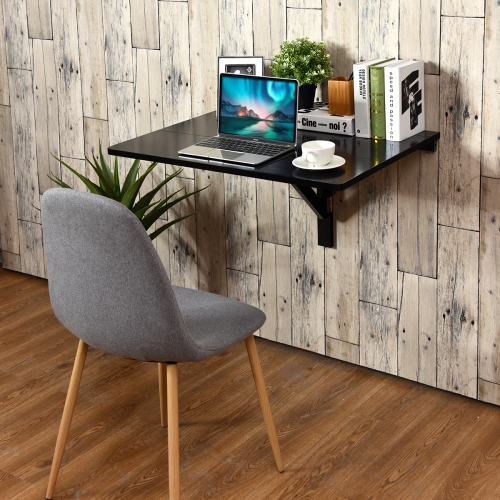 Gymax Wall-Mounted Drop-Leaf Table Floating Folding Desk Space Saver Black
