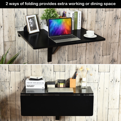 Gymax Wall-Mounted Drop-Leaf Table Floating Folding Desk Space Saver Black