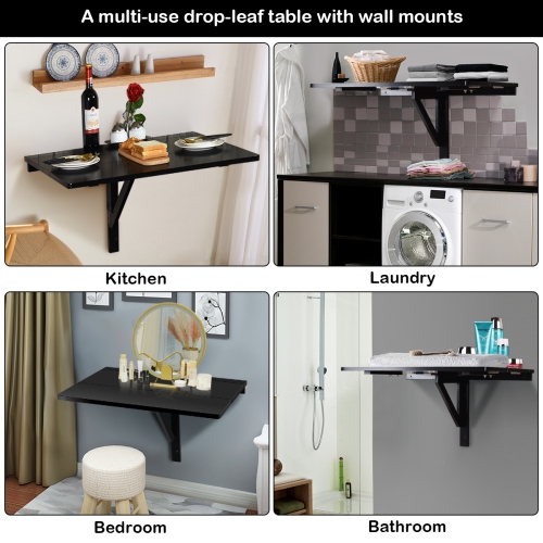 Gymax Wall-Mounted Drop-Leaf Table Floating Folding Desk Space Saver Black
