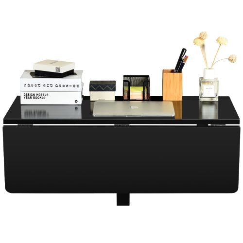 Gymax Wall-Mounted Drop-Leaf Table Floating Folding Desk Space Saver Black