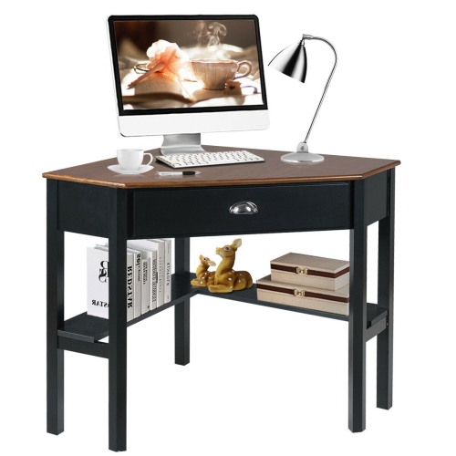 GYMAX  Corner Computer Desk Laptop Writing Table Workstation W/ Drawer & Shelves In Brown