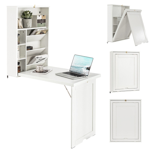 GYMAX  Wall Mounted Computer Convertible Desk Floating Desk W/ Storage Bookcases In White