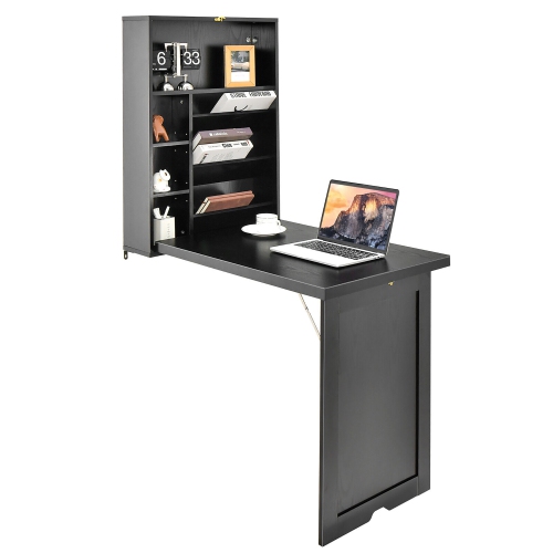 Gymax Wall Mounted Fold-Out Convertible Floating Desk Space Saver Writing Table Black