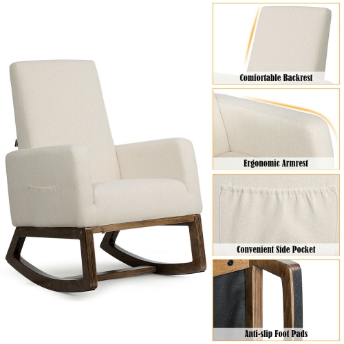 Gymax Mid Century Rocking Chair Retro Modern Fabric Upholstered Relax Rocker Beige New