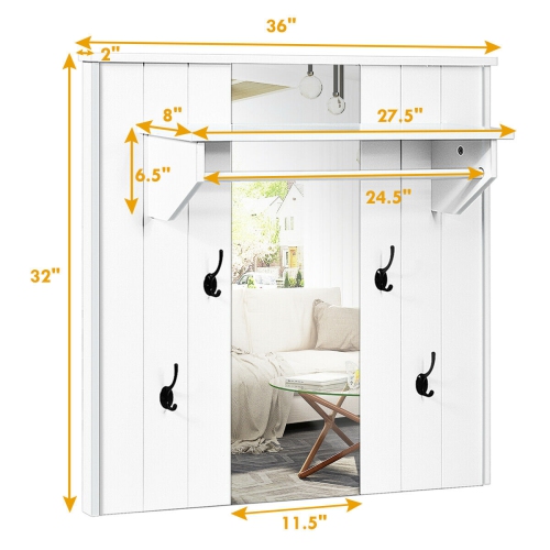 Gymax Wall Mounted Mirror Coat Hat Rack Storage Shelf w/4 Hooks & Hanging Bar Entryway
