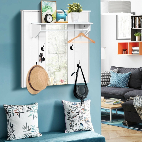 Gymax Wall Mounted Mirror Coat Hat Rack Storage Shelf w/4 Hooks & Hanging Bar Entryway