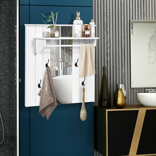 Gymax Wall Mounted Mirror Coat Hat Rack Storage Shelf w/4 Hooks & Hanging Bar Entryway