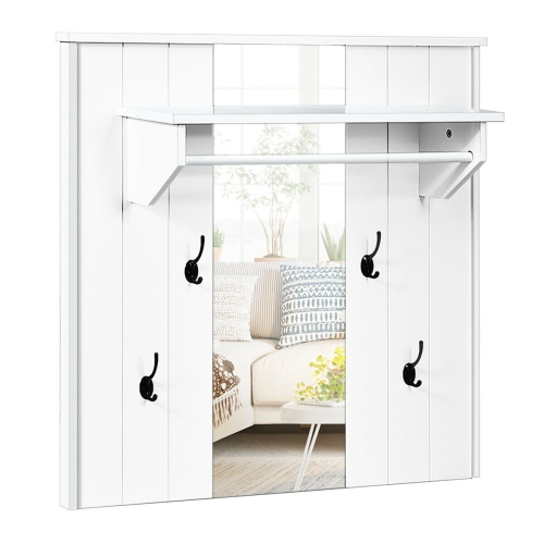 Gymax Wall Mounted Mirror Coat Hat Rack Storage Shelf w/4 Hooks & Hanging Bar Entryway