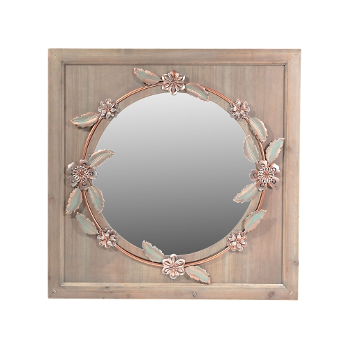 Square Wood Framed Round Mirror With Metal Fl Accents Best Round Mirror With Metal Fl Accents