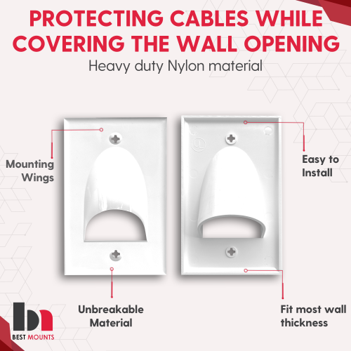 BestMounts 1-Gang Recessed Low Voltage Bulk Cable Pass Through Wall Plate – White