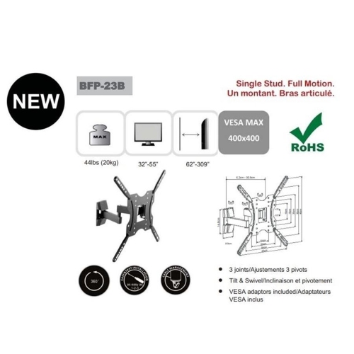 Support mural articulé AMX BFP-23B inclinable et pivotant pour téléviseur 3 pivots DEL, ACL, PLASMA pour écrans 32 à 55 po