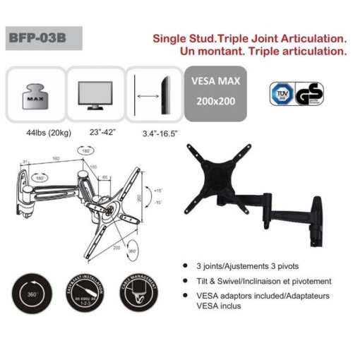 AMX BFP-03B Tilt & Swivel Universal TV Wall Mount Articulated 3 pivots LED, LCD, PLASMA For Screens 23'' To 42''