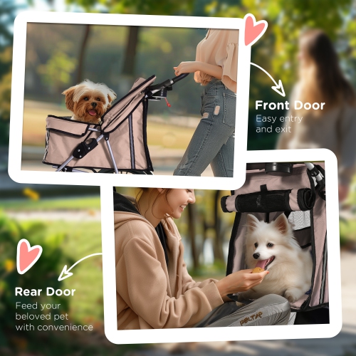 PawHut 4 Wheel Dog Pet Stroller Dog Cat Carrier Folding Sunshade Canopy with Brake, Safety Leash, Cup Holder, Brown