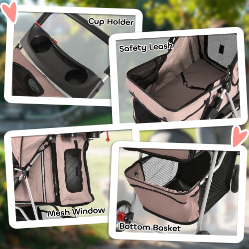 PawHut 4 Wheel Dog Pet Stroller Dog Cat Carrier Folding Sunshade Canopy with Brake, Safety Leash, Cup Holder, Brown