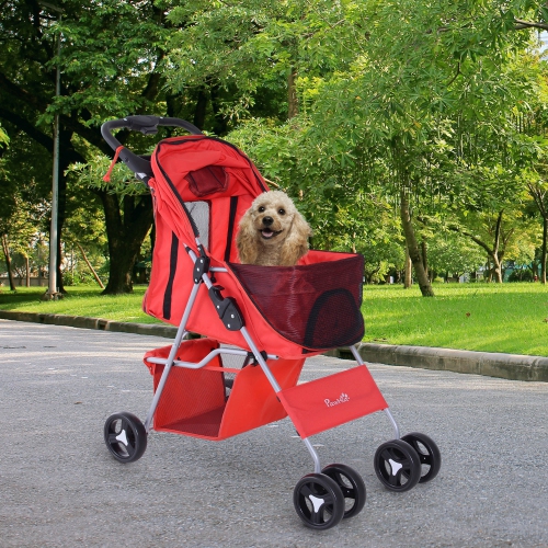 PawHut Dog Stroller, One-click Folding Pet Stroller with Cup Holder, 4 Wheels Travel Carrier w/ Brakes, 360° Swiveling Front Wheels, Storage Basket,