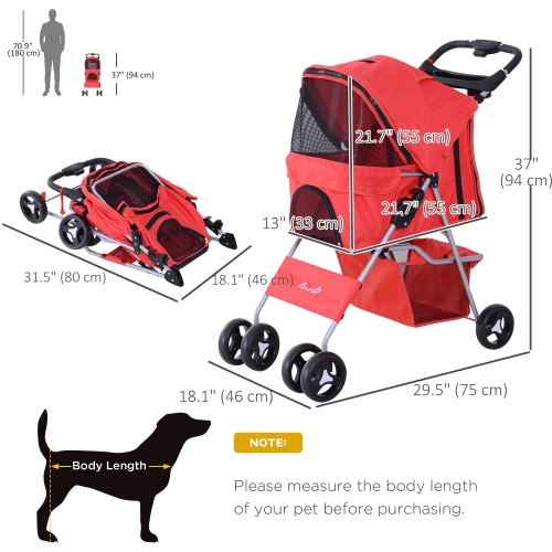 PawHut Dog Stroller, One-click Folding Pet Stroller with Cup Holder, 4 Wheels Travel Carrier w/ Brakes, 360° Swiveling Front Wheels, Storage Basket,