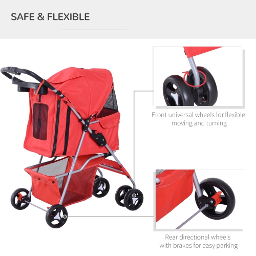 PawHut Dog Stroller, One-click Folding Pet Stroller with Cup Holder, 4 Wheels Travel Carrier w/ Brakes, 360° Swiveling Front Wheels, Storage Basket,