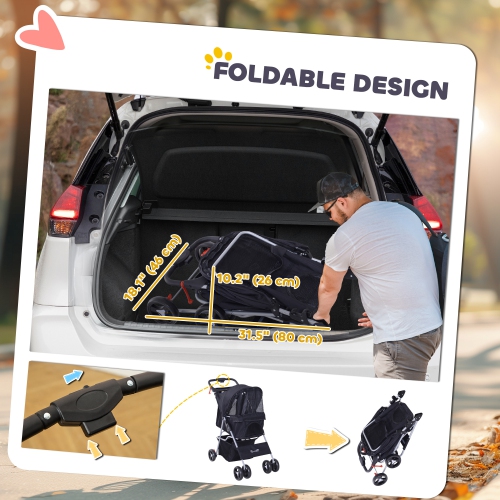 Poussette pour chien de PawHut, poussette pliable pour chiens et chats TP et petits chiens, porte-gobelet à 4 roues, panier de rangement, roues avant