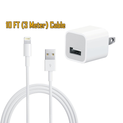 5W USB Power Wall Plug Charger Adapter + 10Ft Lightning Cable Cord for iPad iPod iPhone 5 5S 5C SE 6 7 8 Plus