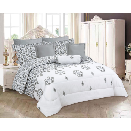 Imperial- 9 Piece Printed Comforter Set- White Grey- Queen