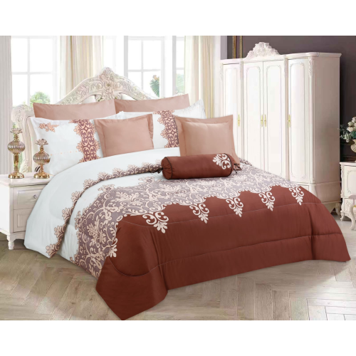 Imperial- 9 Piece Printed Comforter Set- White Brown Pink- Queen