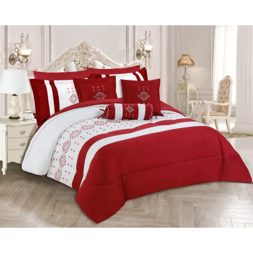 Imperial- 9 Piece Embroidered Comforter Set- White/Red- King
