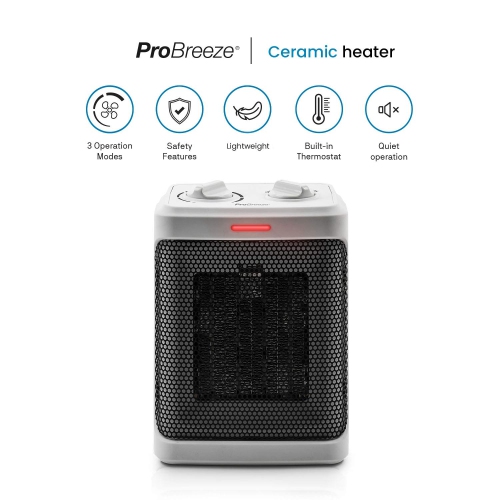 Pro Breeze 1500W Mini Ceramic Space Heater with 3 Operating Modes, Adjustable Thermostat, Overheat Protection White