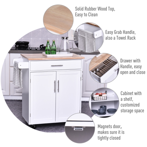 HOMCOM Rolling Kitchen Island Cart with Wood Top, Enough Storage Drawer Space with Towel Bar Rack Shelves, Portable Kitchen Utility Serving Cart