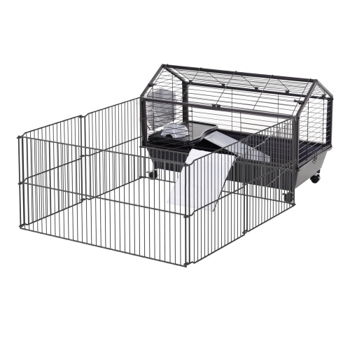 PawHut Metal Small Rabbit Hutch Cage Main House Guinea Pig Hutch Small Animal Shed W/ wheels and brakes Foldable Large Run Detachable Black