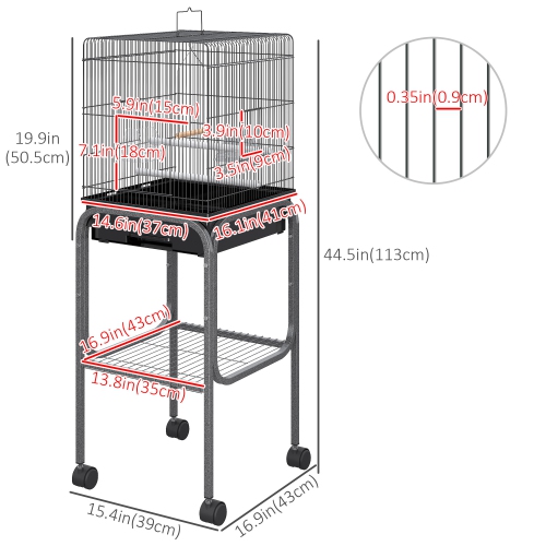 PawHut 44.5" Bird Cage for Finches, Canaries Budgies, Parrot Cage with Accessories, Wheels, Detachable Stand, Storage, Black