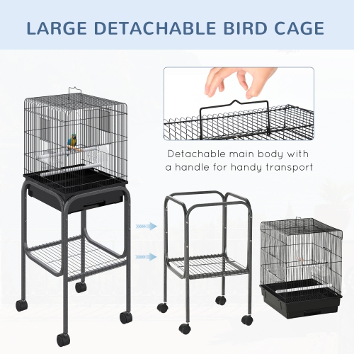 PawHut 44.5" Bird Cage for Finches, Canaries Budgies, Parrot Cage with Accessories, Wheels, Detachable Stand, Storage, Black