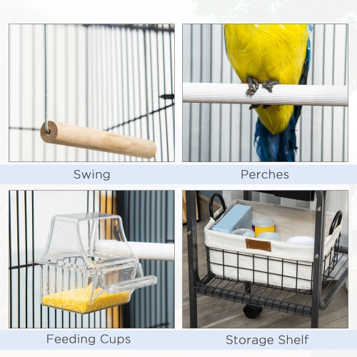 PawHut 44.5" Bird Cage for Finches, Canaries Budgies, Parrot Cage with Accessories, Wheels, Detachable Stand, Storage, Black